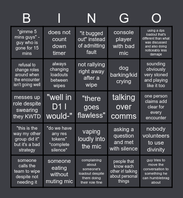 Destiny 2 Raid LFG Bingo Card