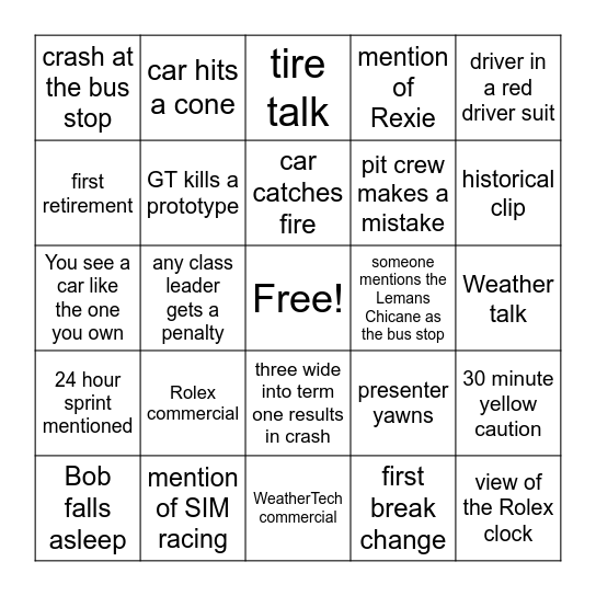Rolex 24H Bingo Card