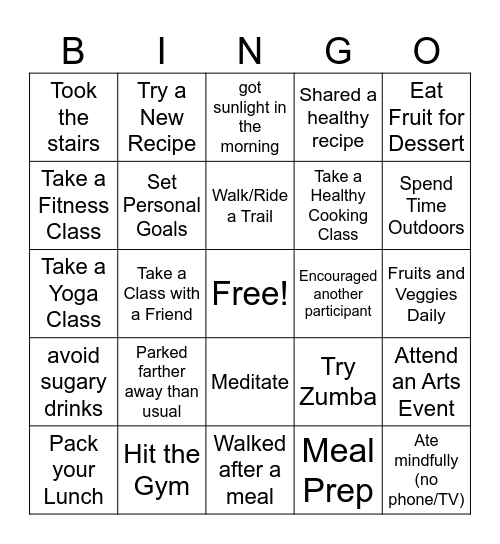 Let's Get Healthy Bingo Card