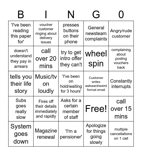Calls bingo Card