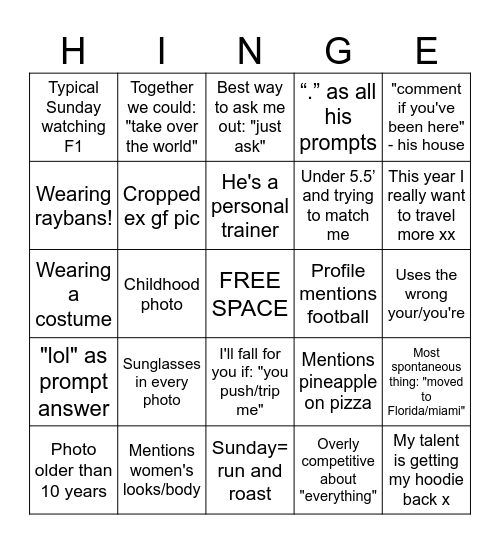 Hinge-O Bingo Card