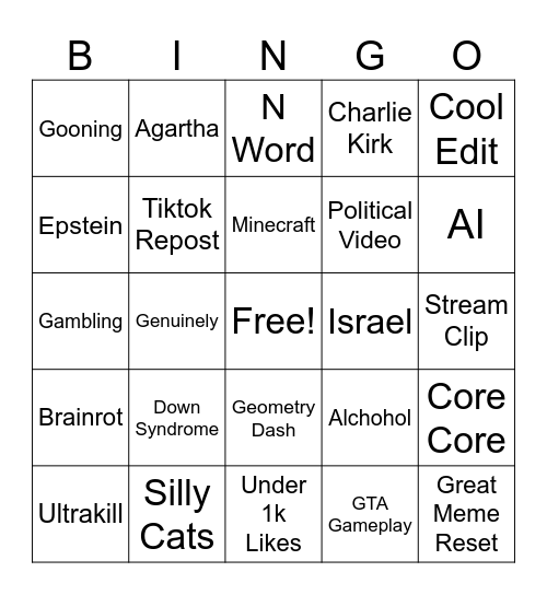 Intagram reels bingo Card