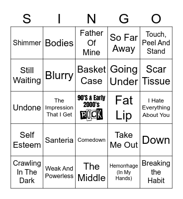 90'S & Early 2000's Rock bingo (60 songs) Bingo Card