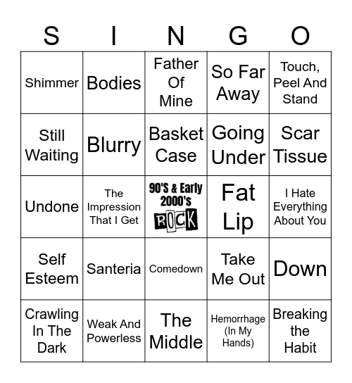 90'S & Early 2000's Rock bingo (60 songs) Bingo Card