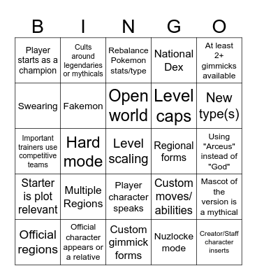 Pokemon Fangame Bingo Card