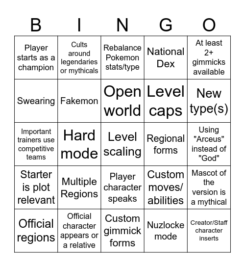 Pokemon Fangame Bingo Card