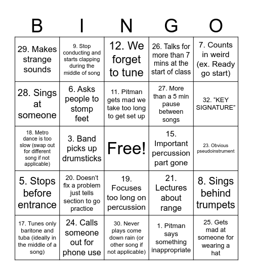 Band Bingo Card