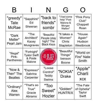 2025 Hits & Grammy Nominees Bingo Card