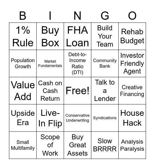Cash Flow Road Show Bingo Card