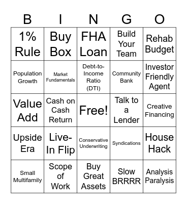 Cash Flow Road Show Bingo Card