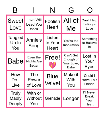 MUSIC BINGO at the Ann Arbor Eagles! Love Songs 💖 Bingo Card