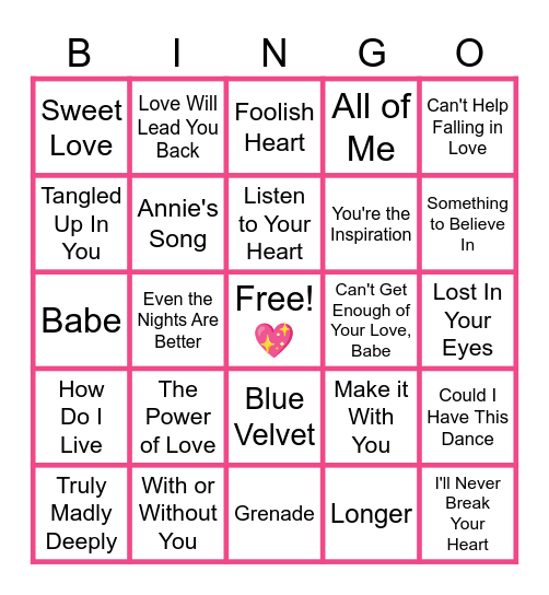 MUSIC BINGO at the Ann Arbor Eagles! Love Songs 💖 Bingo Card