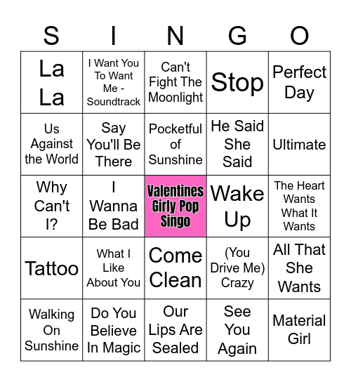 Valentines Girly Pop Singo (50 songs) Bingo Card
