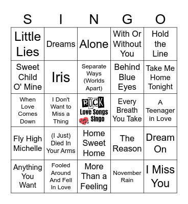 Rock Love Songs Singo (50 songs) Bingo Card