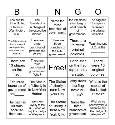Citizenship Class February 4, 2026 Bingo Card