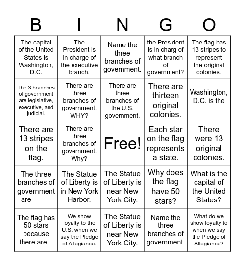 Citizenship Class February 4, 2026 Bingo Card