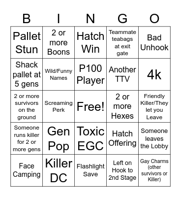 Dead By Gaylight Bingo Card