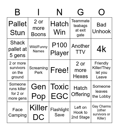 Dead By Gaylight Bingo Card