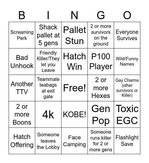 Dead By Gaylight Bingo Card