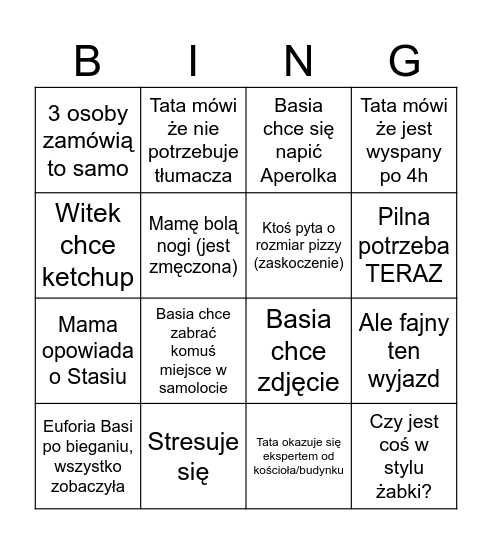 Wyjazd Włochy Bingo Card