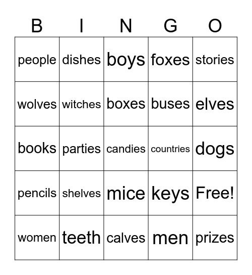Plural Nouns Bingo Card