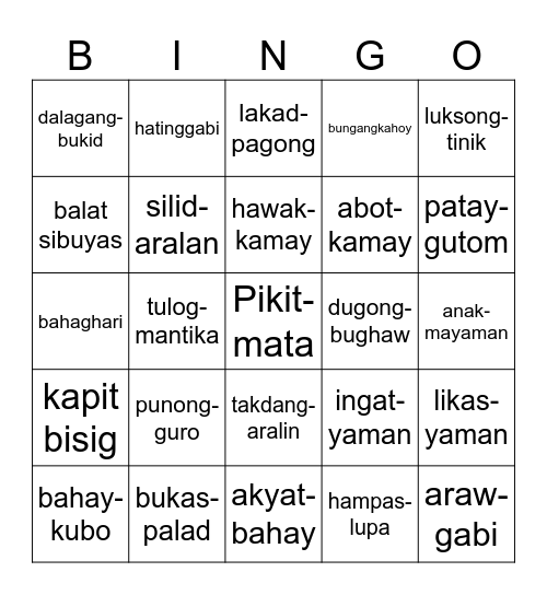 Bingo ng Tambalang Salita Bingo Card