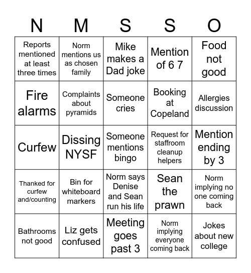 Staff meeting Bingo Card