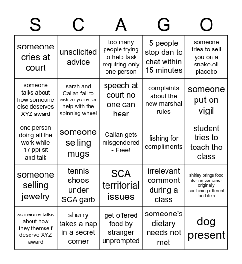 SCA-go Bingo Card