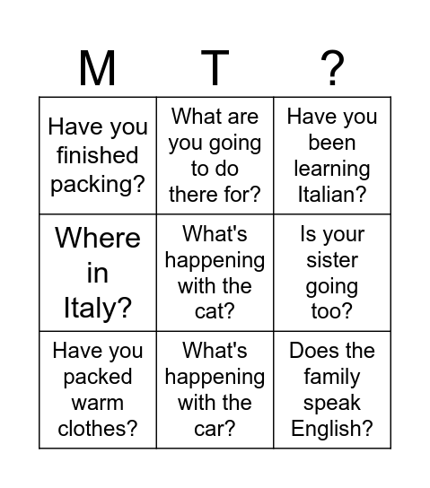 Italy Bingo Card