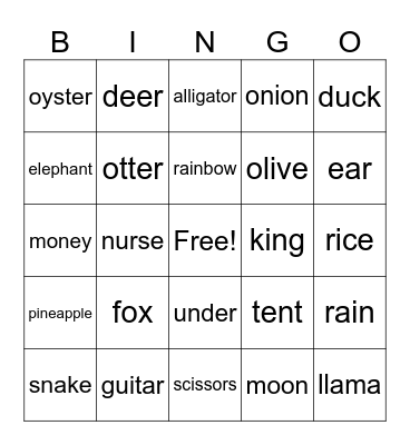 Letters A-U Bingo Card