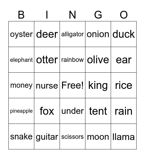 Letters A-U Bingo Card