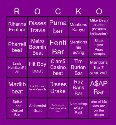 ATP A$AP ROCKY BINGO Card