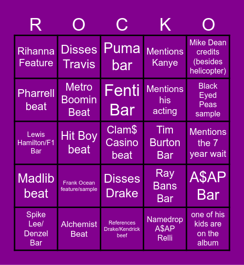 ATP A$AP ROCKY BINGO Card