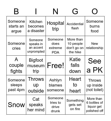Cabin trip Bingo Card