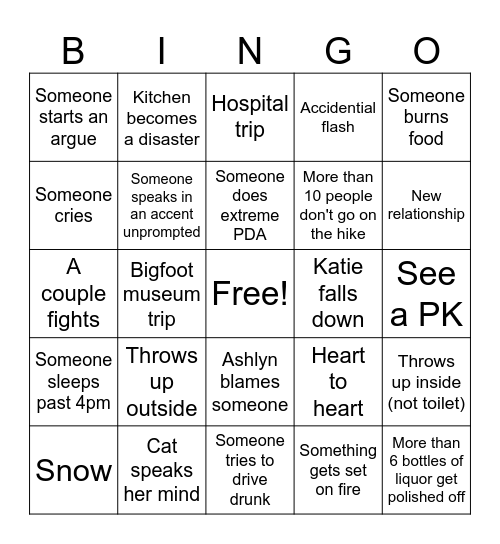 Cabin trip Bingo Card