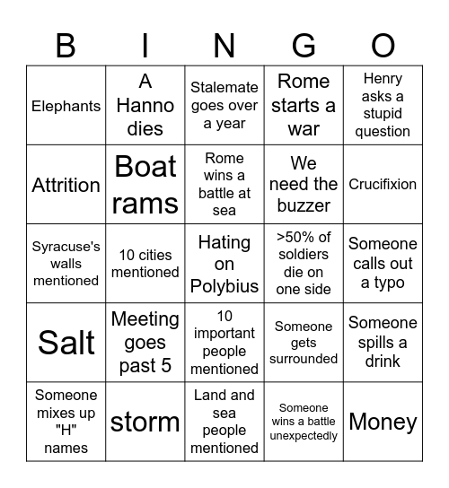 First Punic War Bingo Card