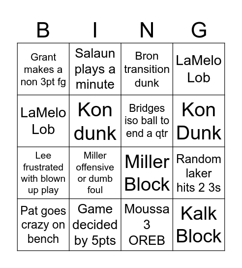 Hornets Bingo Card