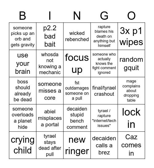 Seraph RWL Bingo Card