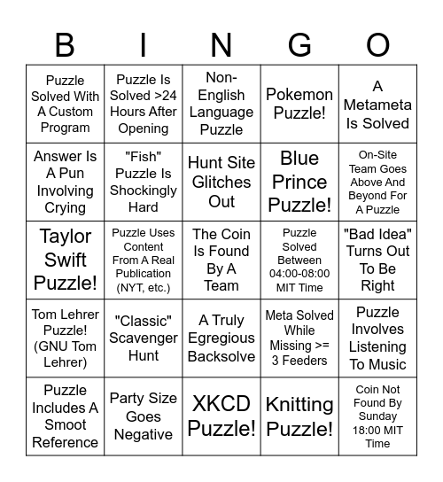 MIT Mystery Hunt 2026 Bingo Card