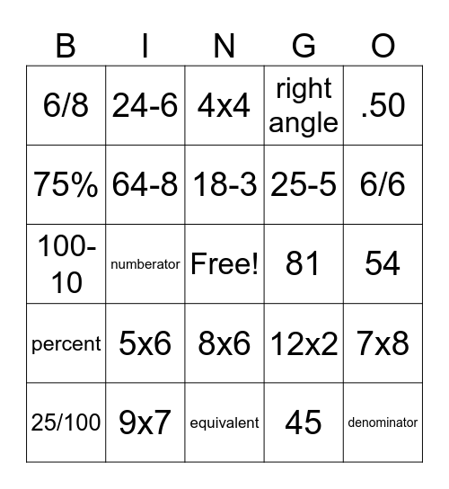 Mixed math Bingo Card