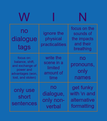 Fight Scene Writing Challenge Bingo Card
