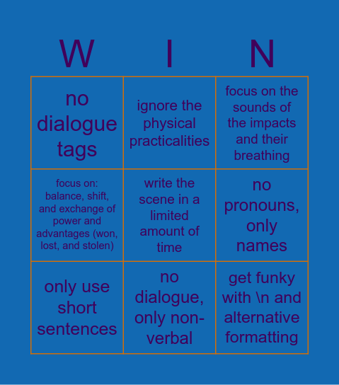 Fight Scene Writing Challenge Bingo Card