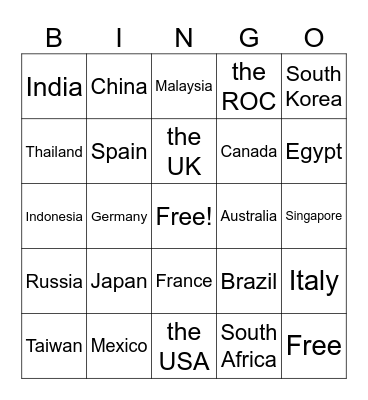 Countries Bingo Card