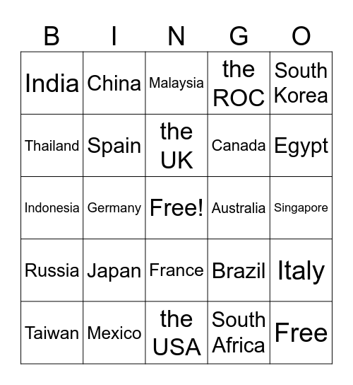 Countries Bingo Card