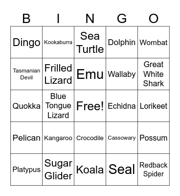 Australian Animals Bingo Card