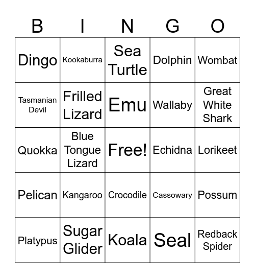 Australian Animals Bingo Card