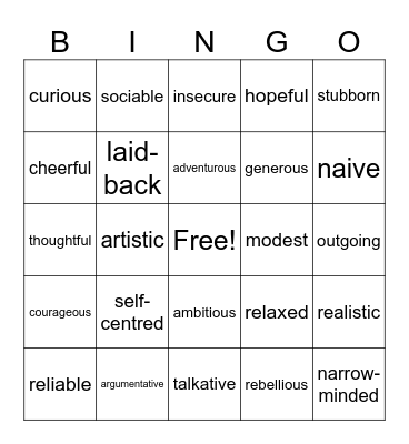 Personality Adjectives Bingo Card