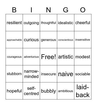 Personality Adjectives Bingo Card