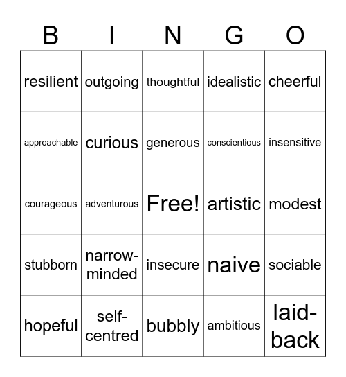 Personality Adjectives Bingo Card