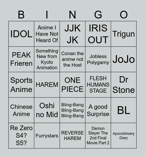 Stage Reveal Bingo Card